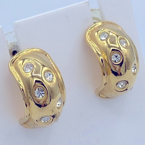 Nolan Miller Vintage Gold Plated Clear Crystal Half Loop Pierced Earrings - Picture 2 of 8